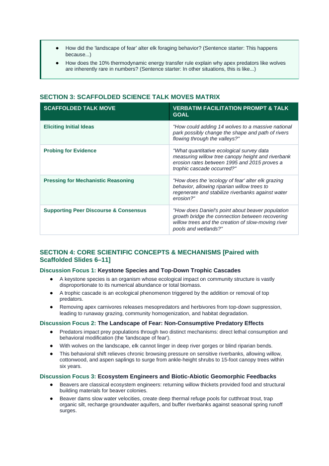 Principles of Ecology Scaffolded Phenomena-Based Lesson: Yellowstone Wolf Trophic Cascade Teacher Discussion Guide sample page