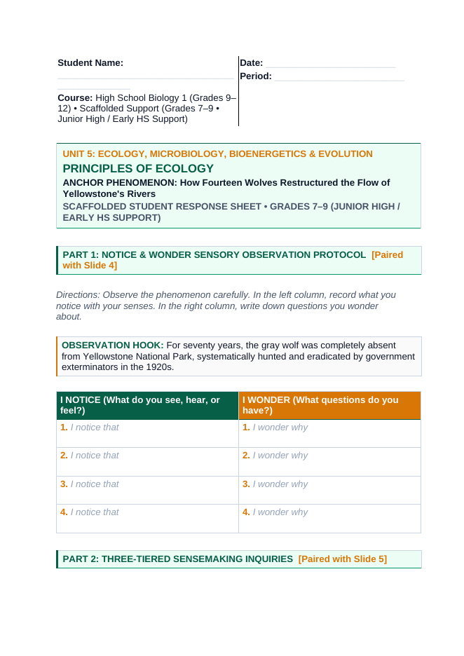 Principles of Ecology Scaffolded Phenomena-Based Lesson: Yellowstone Wolf Trophic Cascade Student Response Sheet sample page