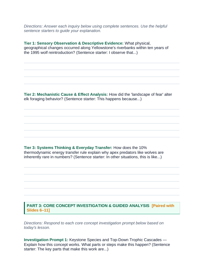 Principles of Ecology Scaffolded Phenomena-Based Lesson: Yellowstone Wolf Trophic Cascade Student Response Sheet sample page