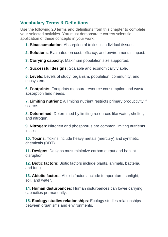 Principles of Ecology Vocabulary Choice Board sample page