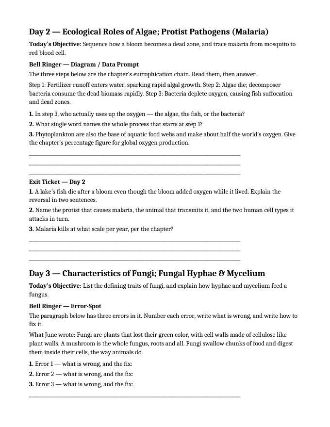 Protists & Fungi Bell Ringers & Exit Tickets sample page