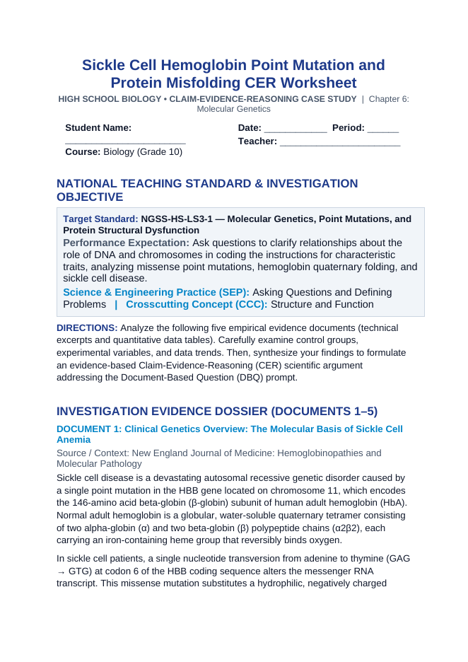 Sickle Cell Hemoglobin Point Mutation and Protein Misfolding CER Phenomena Worksheet sample page
