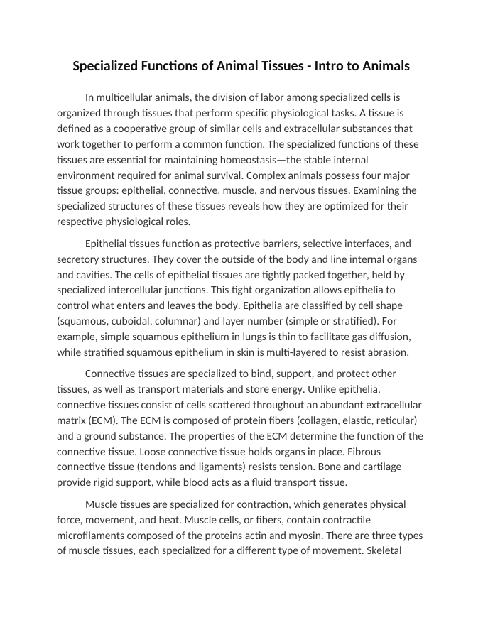 Specialized Functions of Animal Tissues Reading Worksheet sample page
