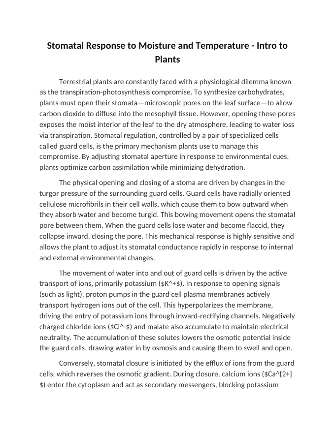 Stomatal Response to Moisture and Temperature Reading Worksheet sample page