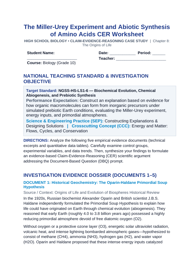 The Miller-Urey Experiment and Abiotic Synthesis of Amino Acids CER Phenomena Worksheet sample page