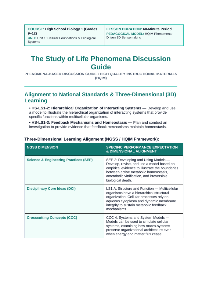 The Study of Life Phenomena-Based Lesson: Tardigrade Cryptobiosis Teacher Discussion Guide sample page