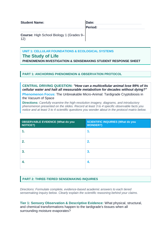 The Study of Life Phenomena-Based Lesson: Tardigrade Cryptobiosis Student Response Sheet sample page