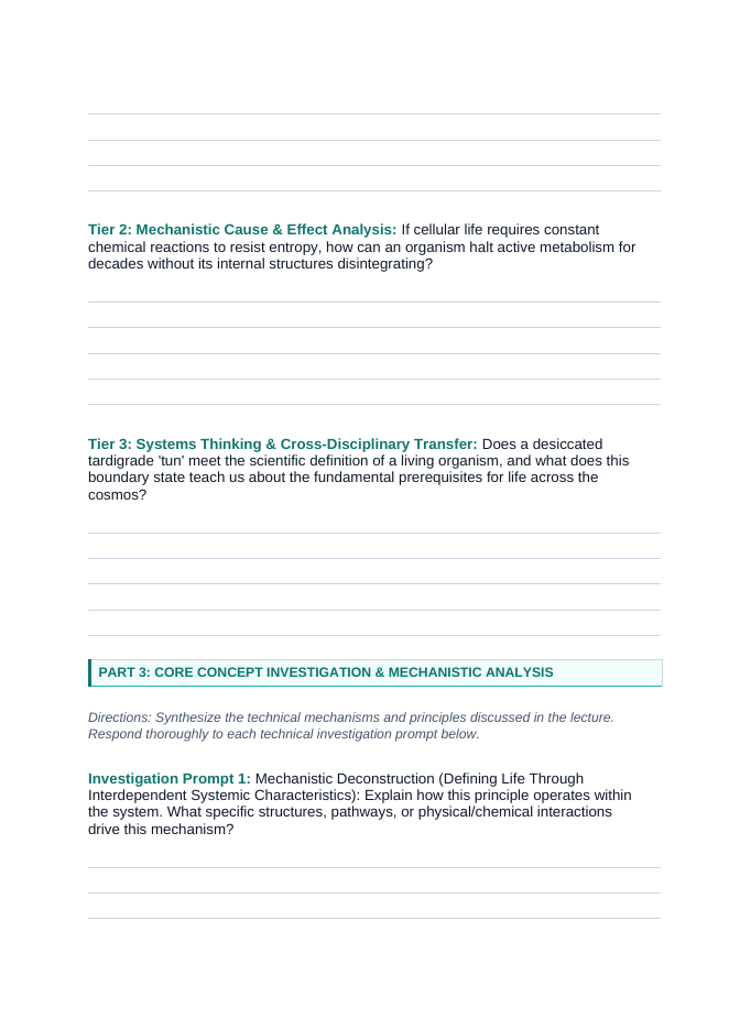 The Study of Life Phenomena-Based Lesson: Tardigrade Cryptobiosis Student Response Sheet sample page