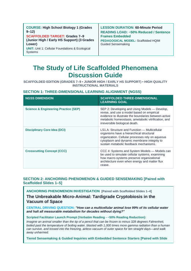 The Study of Life Scaffolded Phenomena-Based Lesson: Tardigrade Cryptobiosis Teacher Discussion Guide sample page