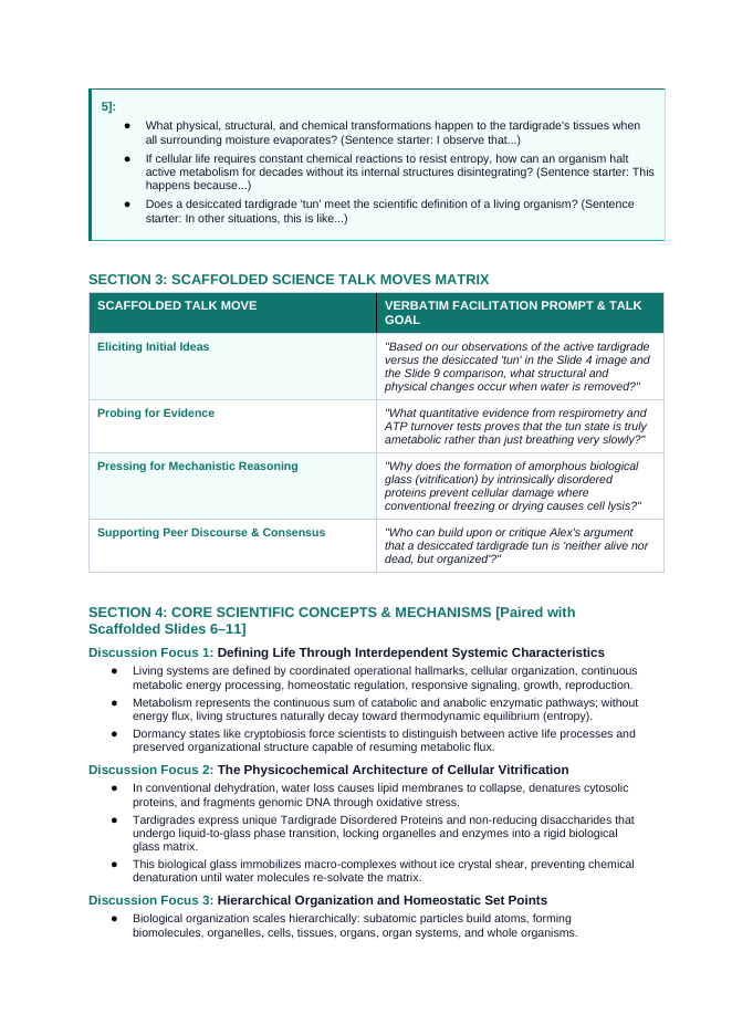 The Study of Life Scaffolded Phenomena-Based Lesson: Tardigrade Cryptobiosis Teacher Discussion Guide sample page