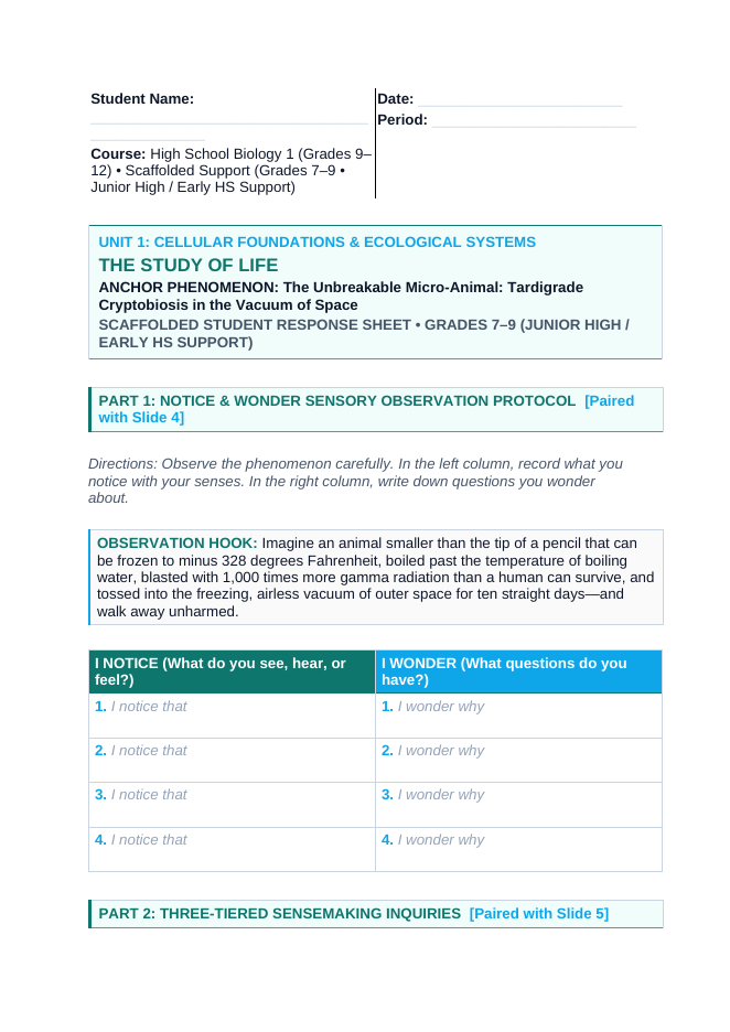 The Study of Life Scaffolded Phenomena-Based Lesson: Tardigrade Cryptobiosis Student Response Sheet sample page