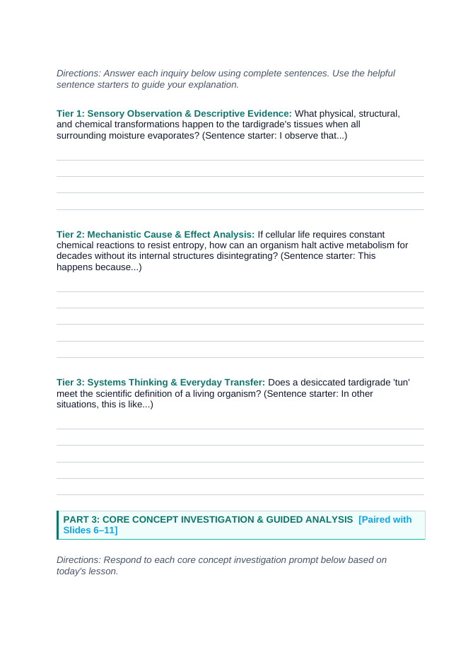 The Study of Life Scaffolded Phenomena-Based Lesson: Tardigrade Cryptobiosis Student Response Sheet sample page