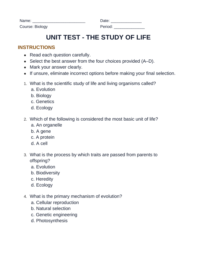 The Study of Life Unit Test sample page