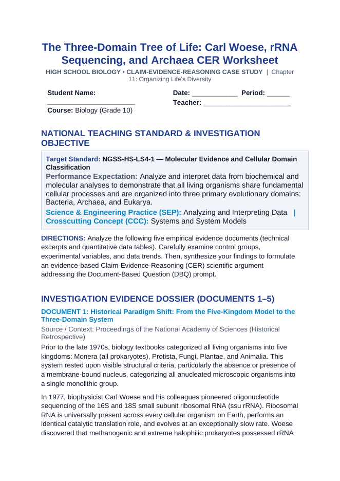 The Three-Domain Tree of Life: Carl Woese, rRNA Sequencing, and Archaea CER Phenomena Worksheet sample page