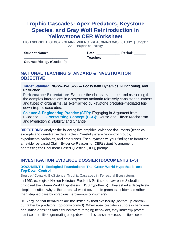 Trophic Cascades: Apex Predators, Keystone Species, and Gray Wolf Reintroduction in Yellowstone CER Phenomena Worksheet sample page