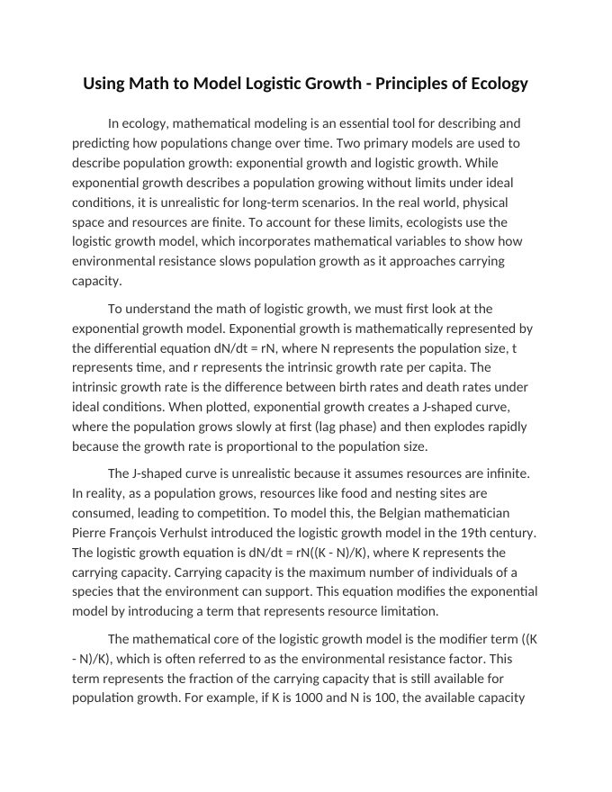 Using Math to Model Logistic Growth Reading Worksheet sample page