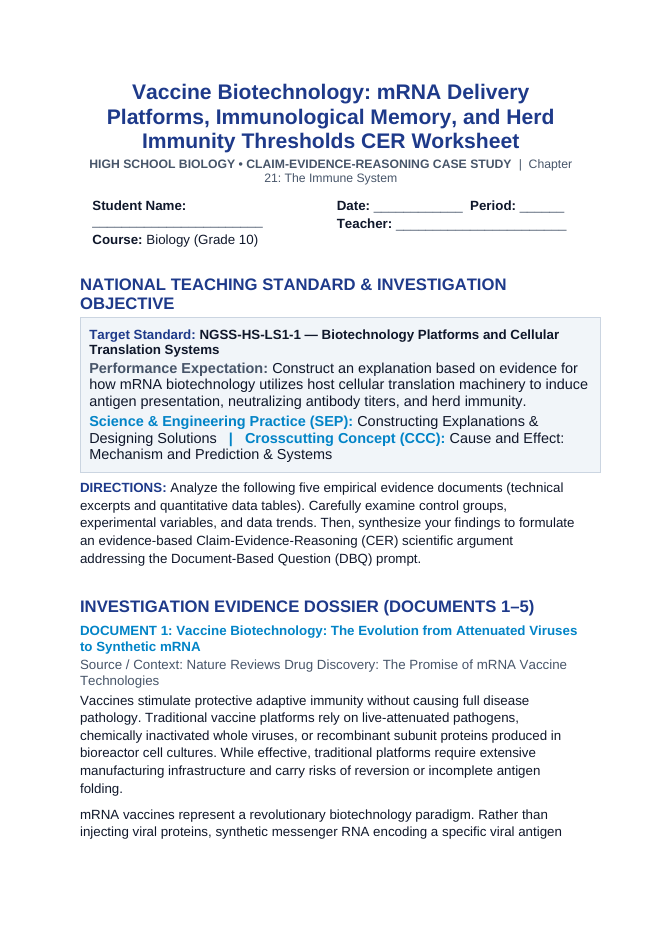 Vaccine Biotechnology: mRNA Delivery Platforms, Immunological Memory, and Herd Immunity Thresholds CER Phenomena Worksheet sample page