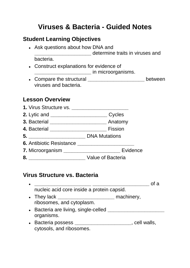 Viruses & Bacteria Guided Notes sample page