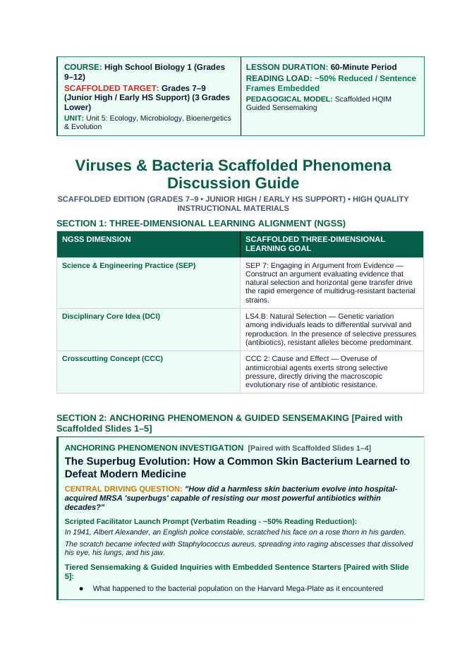 Viruses & Bacteria Scaffolded Phenomena-Based Lesson: MRSA Antibiotic Resistance Teacher Discussion Guide sample page