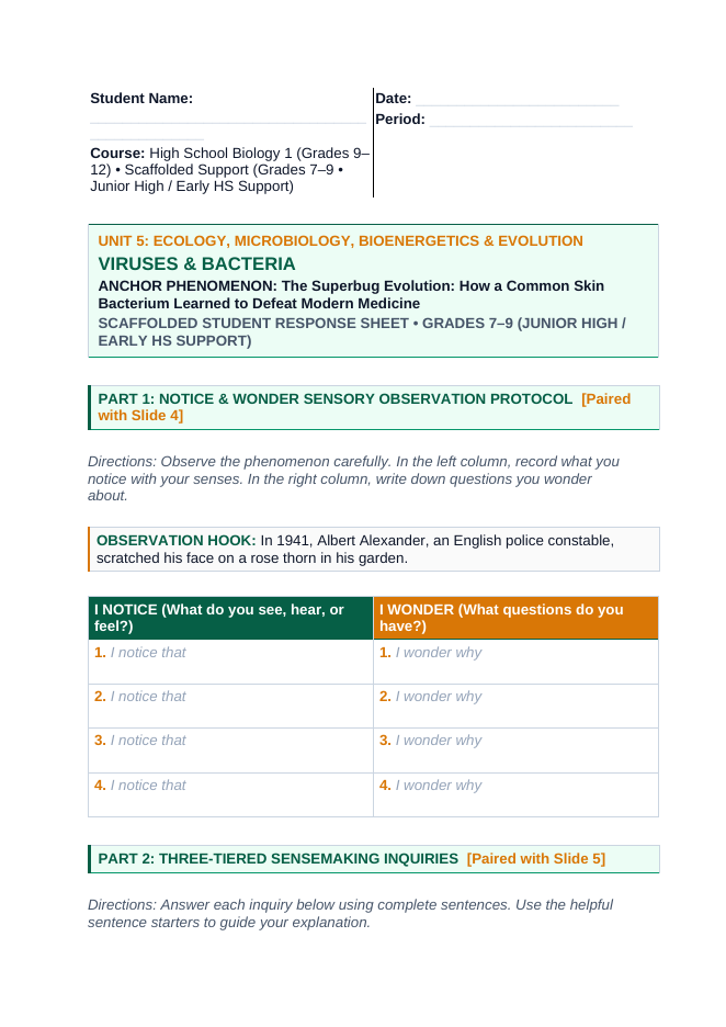 Viruses & Bacteria Scaffolded Phenomena-Based Lesson: MRSA Antibiotic Resistance Student Response Sheet sample page