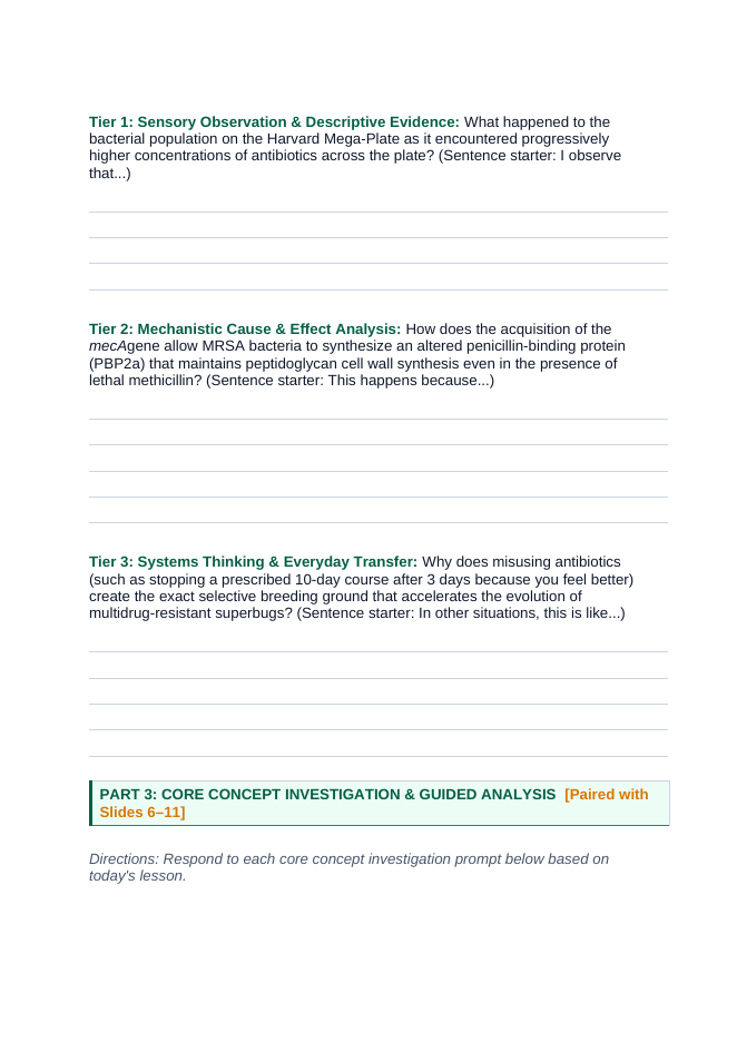 Viruses & Bacteria Scaffolded Phenomena-Based Lesson: MRSA Antibiotic Resistance Student Response Sheet sample page