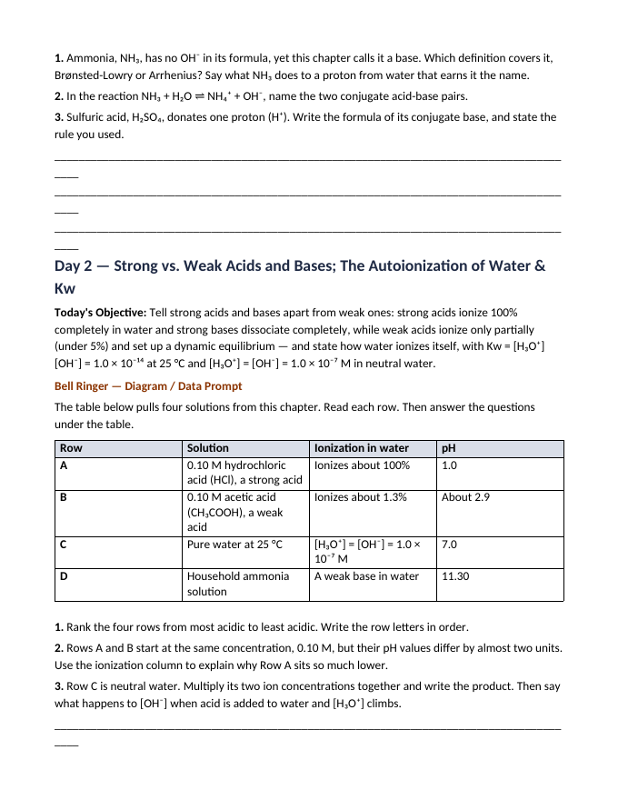 Acid-Base Chemistry & the pH Scale Bell Ringers & Exit Tickets sample page