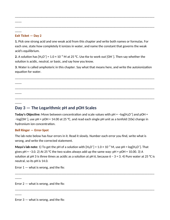 Acid-Base Chemistry & the pH Scale Bell Ringers & Exit Tickets sample page