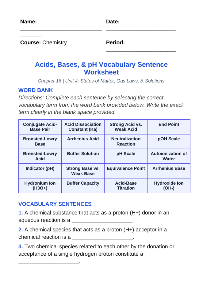 Acid-Base Chemistry & the pH Scale Fill-in-the-Blank Vocabulary Worksheet sample page