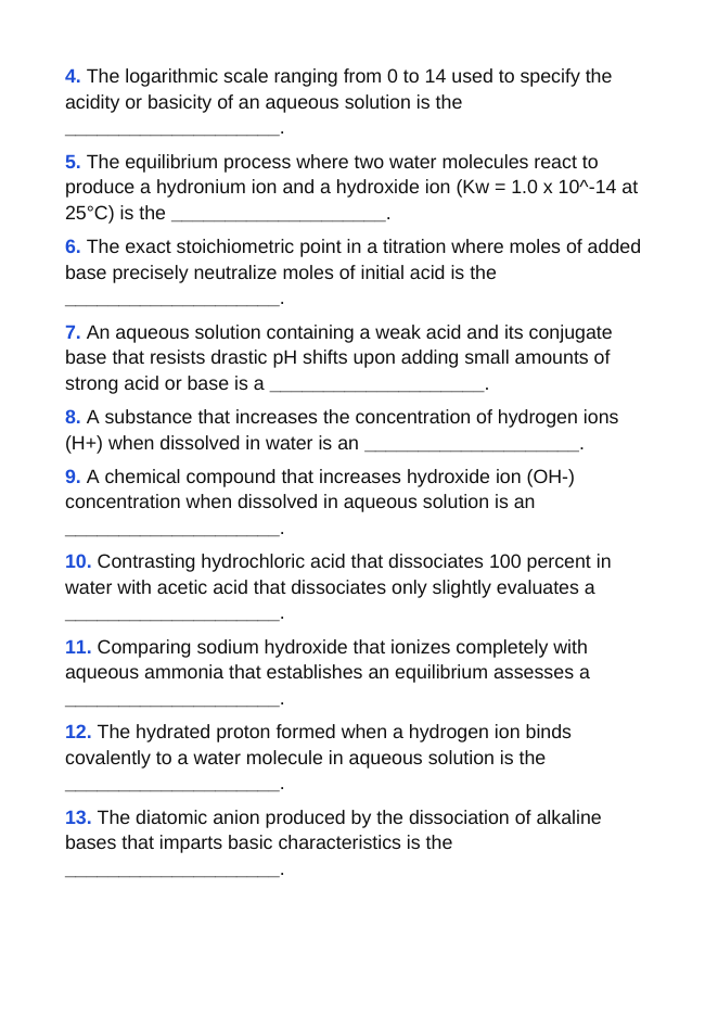 Acid-Base Chemistry & the pH Scale Fill-in-the-Blank Vocabulary Worksheet sample page