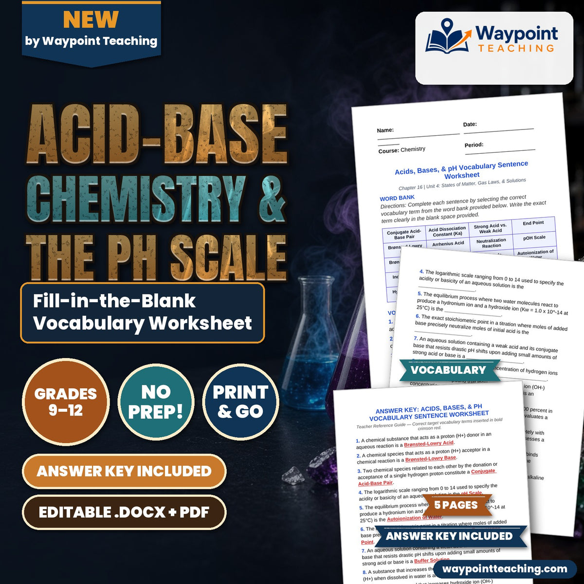 Acid-Base Chemistry & the pH Scale Fill-in-the-Blank Vocabulary Worksheet cover
