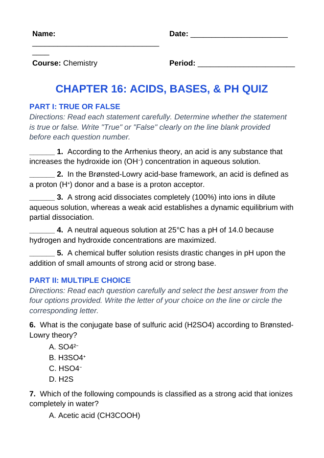 Acid-Base Chemistry & the pH Scale Lesson Quiz sample page
