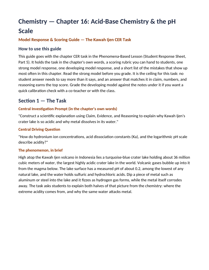 Acid-Base Chemistry & the pH Scale Model Response & Scoring Guide sample page