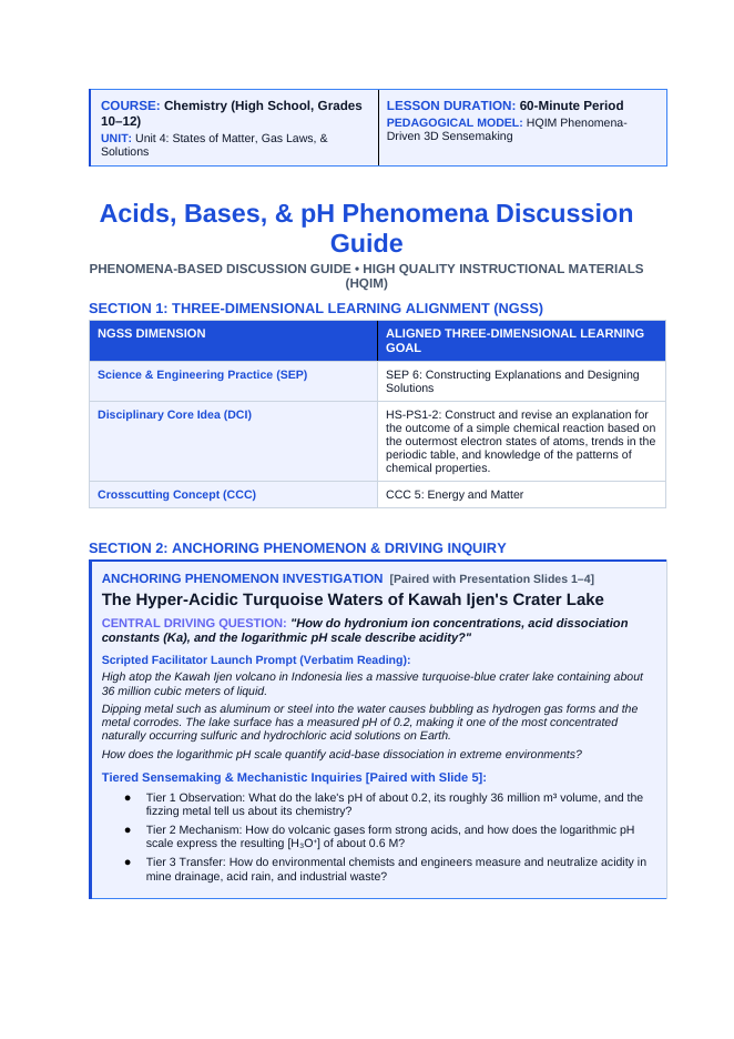 Acid-Base Chemistry & the pH Scale Phenomena-Based Lesson: The Hyper-Acidic Turquoise Waters of Kawah Ijen's Crater Lake Teacher Discussion Guide sample page