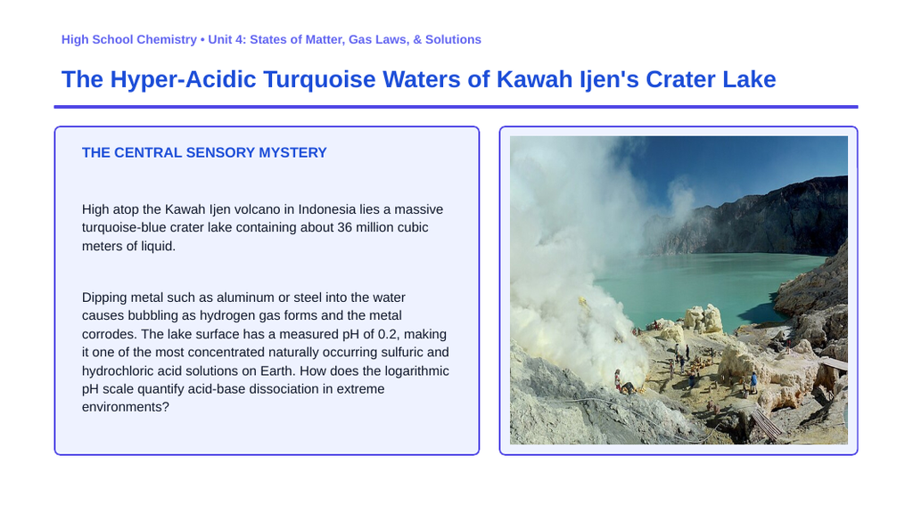 Acid-Base Chemistry & the pH Scale Phenomena-Based Lesson: The Hyper-Acidic Turquoise Waters of Kawah Ijen's Crater Lake Presentation sample page