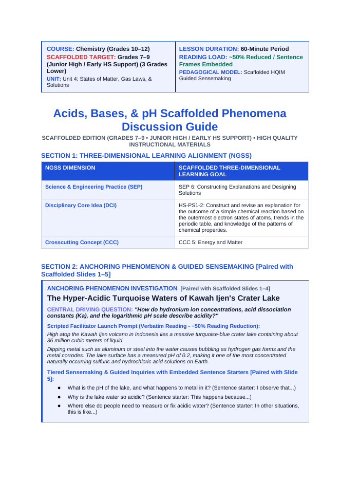 Acid-Base Chemistry & the pH Scale Scaffolded Phenomena-Based Lesson: The Hyper-Acidic Turquoise Waters of Kawah Ijen's Crater Lake Teacher Discussion Guide sample page