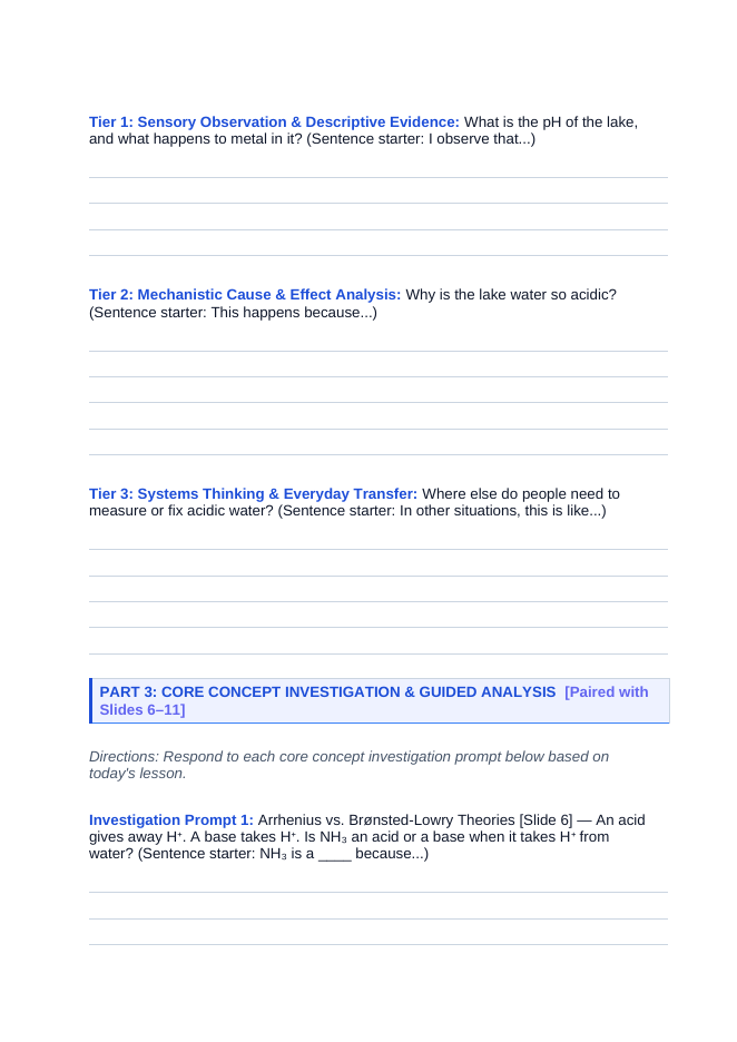 Acid-Base Chemistry & the pH Scale Scaffolded Phenomena-Based Lesson: The Hyper-Acidic Turquoise Waters of Kawah Ijen's Crater Lake Student Response Sheet sample page