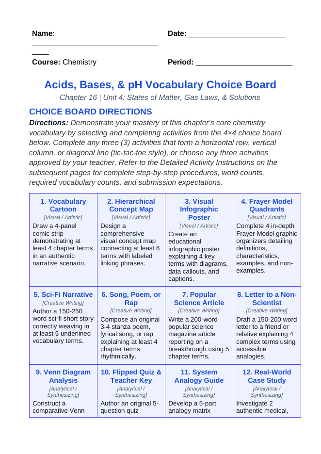 Acid-Base Chemistry & the pH Scale Vocabulary Choice Board sample page