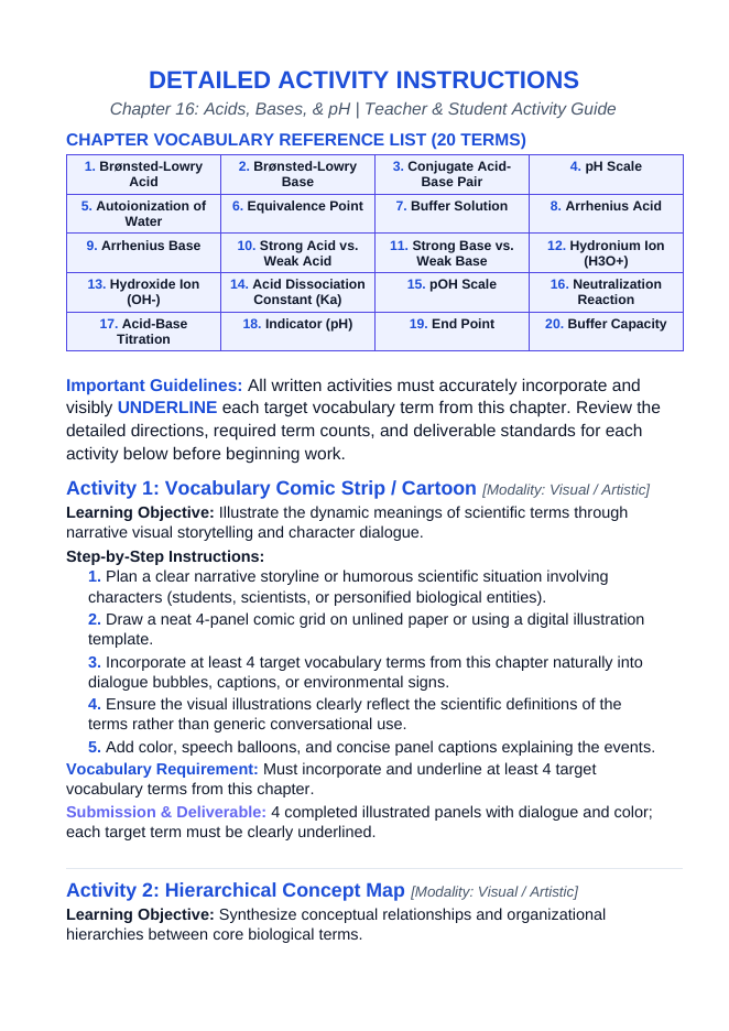 Acid-Base Chemistry & the pH Scale Vocabulary Choice Board sample page