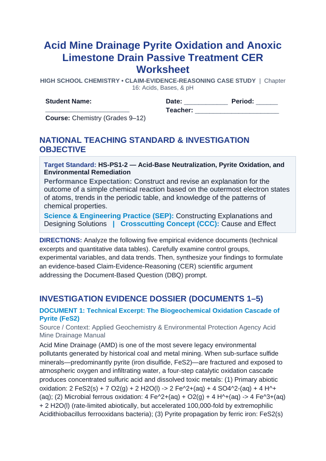 Acid Mine Drainage Pyrite Oxidation and Anoxic Limestone Drain Passive Treatment CER Phenomena Worksheet sample page