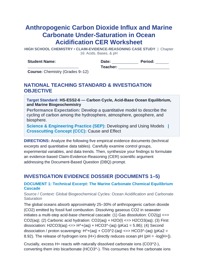 Anthropogenic Carbon Dioxide Influx and Marine Carbonate Under-Saturation in Ocean Acidification CER Phenomena Worksheet sample page
