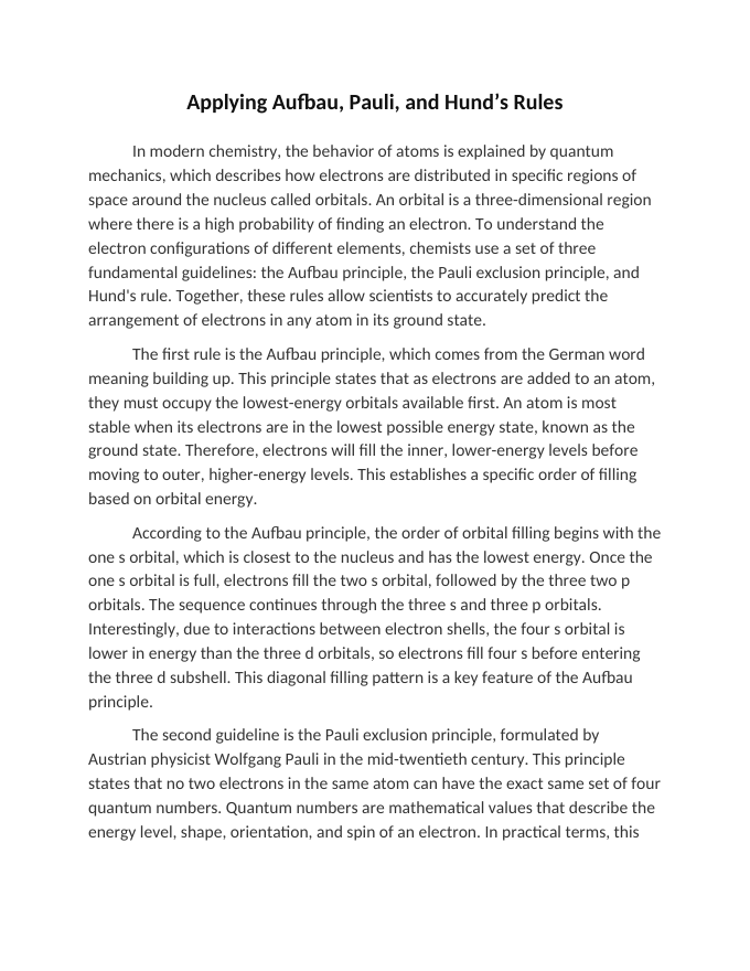 Applying Aufbau Pauli and Hunds Rules Reading Worksheet sample page