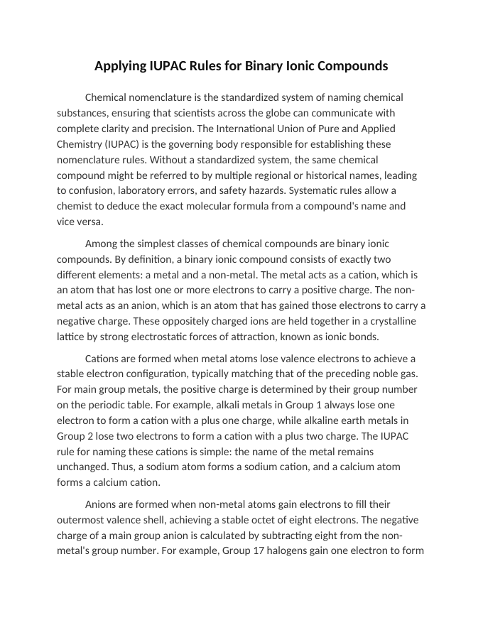 Applying IUPAC Rules for Binary Ionic Compounds Reading Worksheet sample page