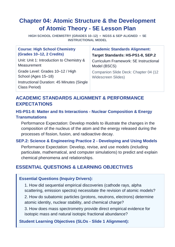 Atomic Structure & the Development of Atomic Theory 5E Lesson Plan sample page