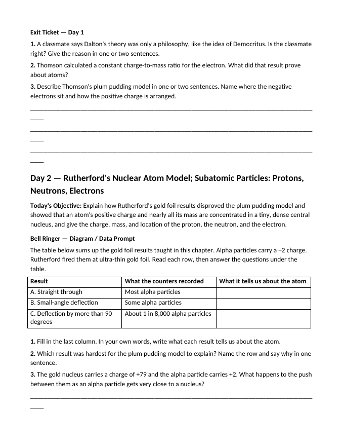 Atomic Structure & the Development of Atomic Theory Bell Ringers & Exit Tickets sample page