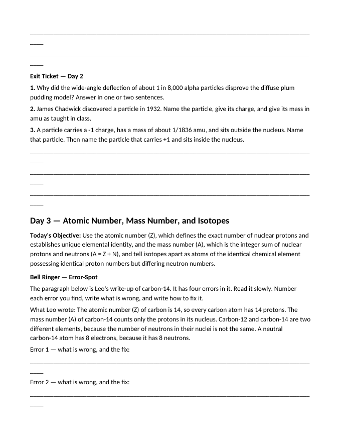 Atomic Structure & the Development of Atomic Theory Bell Ringers & Exit Tickets sample page