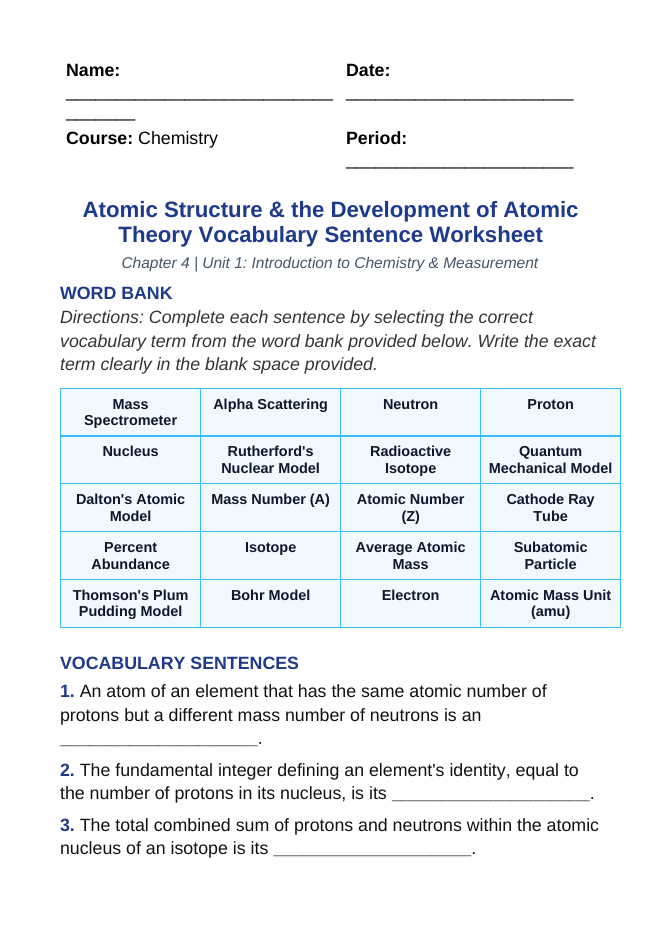 Atomic Structure & the Development of Atomic Theory Fill-in-the-Blank Vocabulary Worksheet sample page