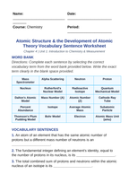 Atomic Structure & the Development of Atomic Theory Fill-in-the-Blank Vocabulary Worksheet sample page