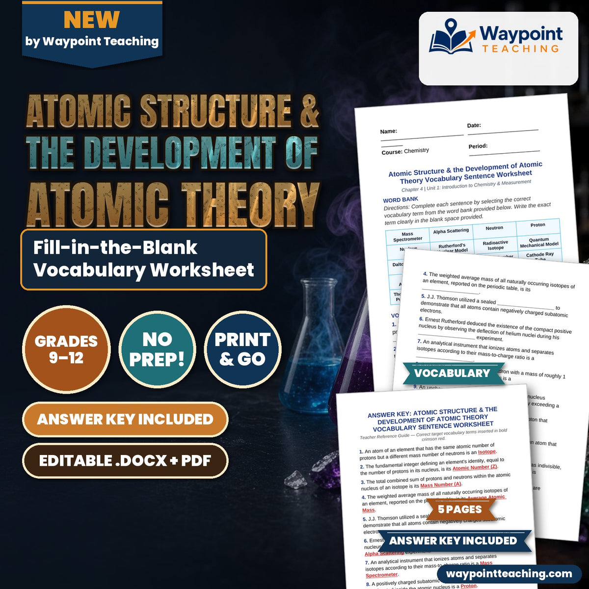 Atomic Structure & the Development of Atomic Theory Fill-in-the-Blank Vocabulary Worksheet cover