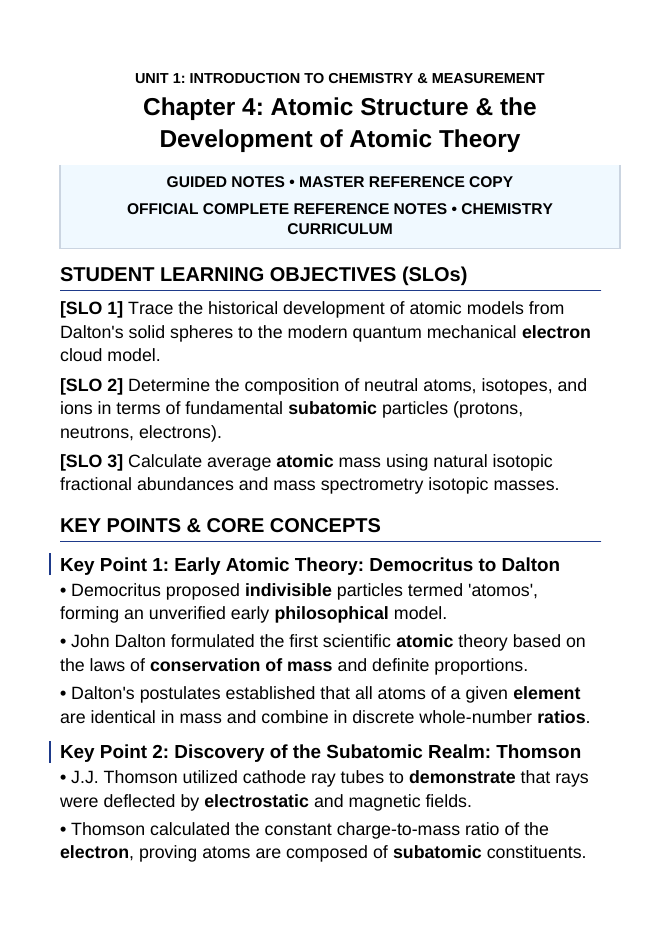 Atomic Structure & the Development of Atomic Theory Guided Notes sample page