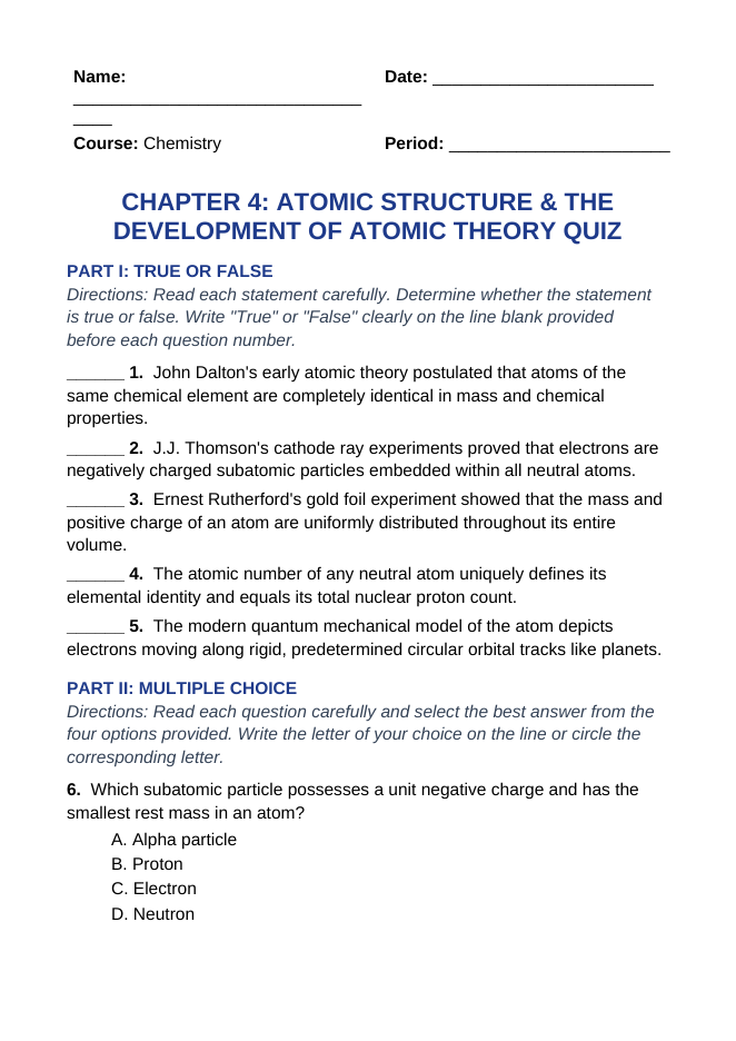 Atomic Structure & the Development of Atomic Theory Lesson Quiz sample page